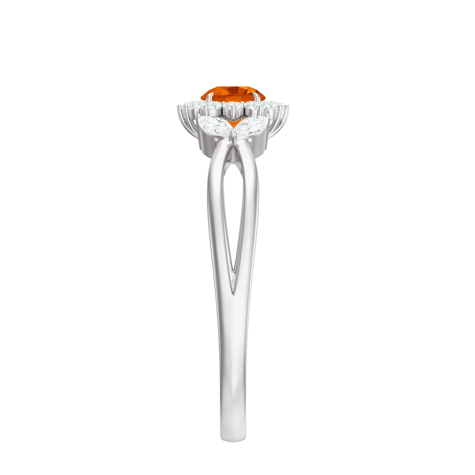 Fire Opal and Diamond Flower Engagement Ring with Split Shank