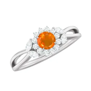 Fire Opal and Diamond Flower Engagement Ring with Split Shank