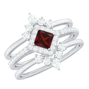 Genuine Garnet and Diamond Trio Wedding Ring Set
