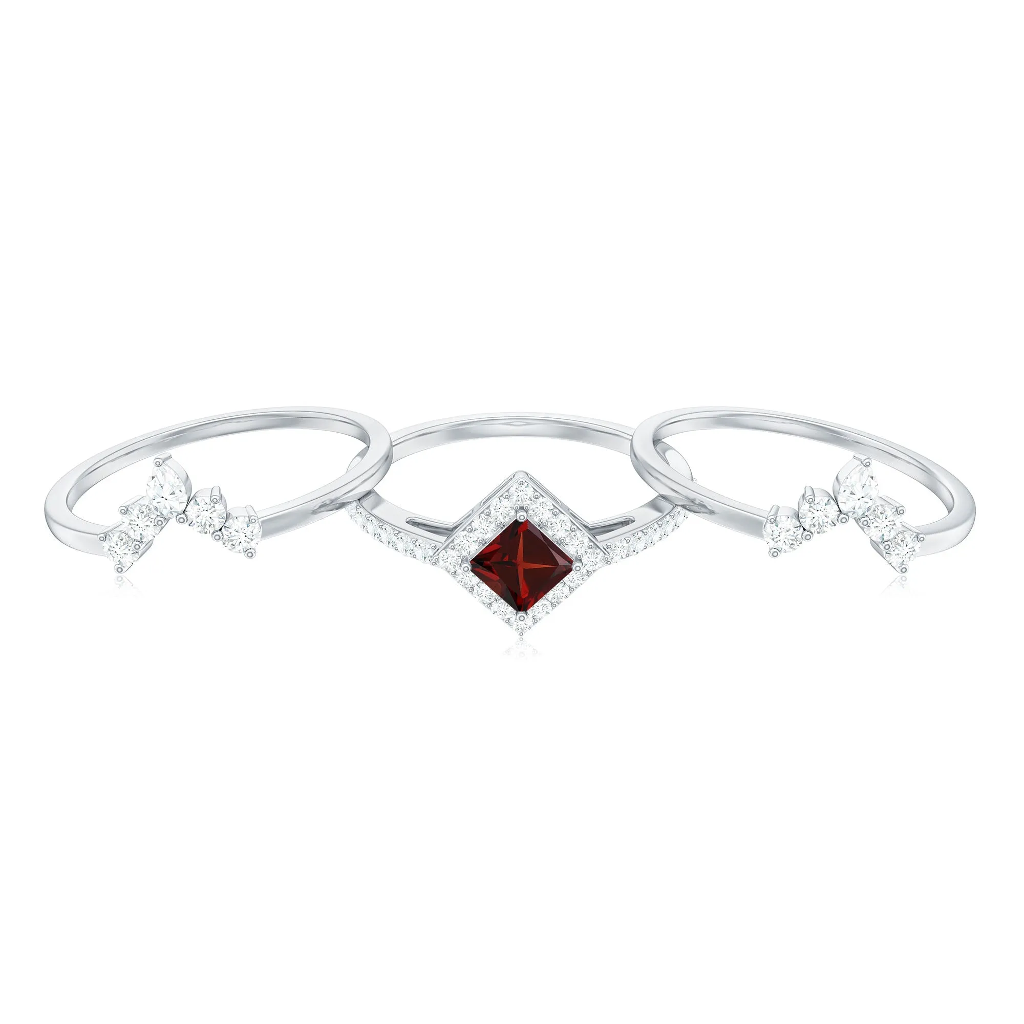 Genuine Garnet and Diamond Trio Wedding Ring Set
