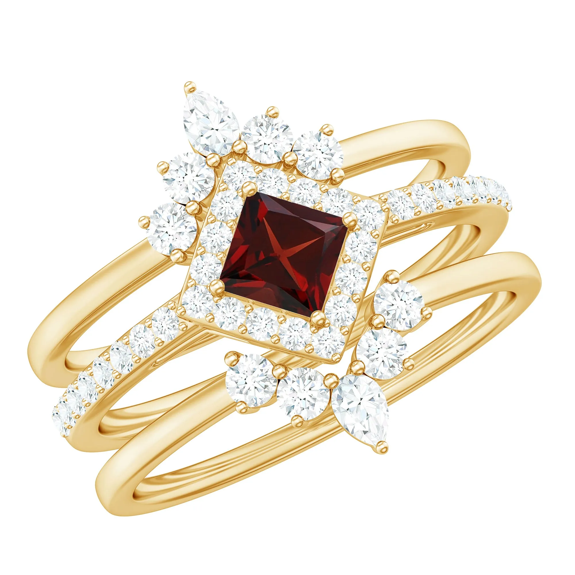 Genuine Garnet and Diamond Trio Wedding Ring Set
