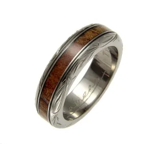GENUINE INLAY HAWAIIAN KOA WOOD WEDDING BAND RING TITANIUM SCROLL 6MM  (KOA-18)