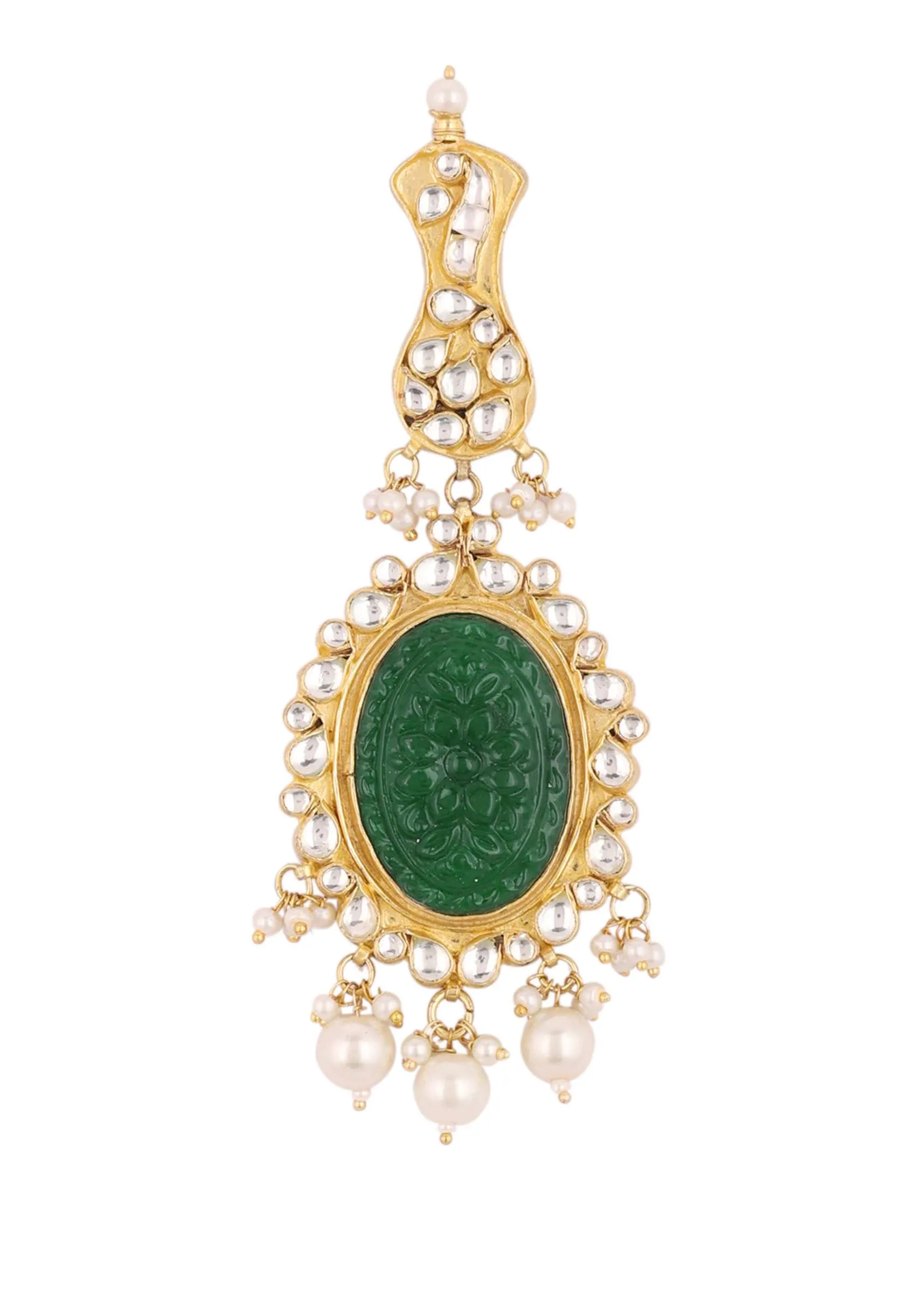 Gold Finish Carved Emerald Green Kundan Polki Bridal Choker Set