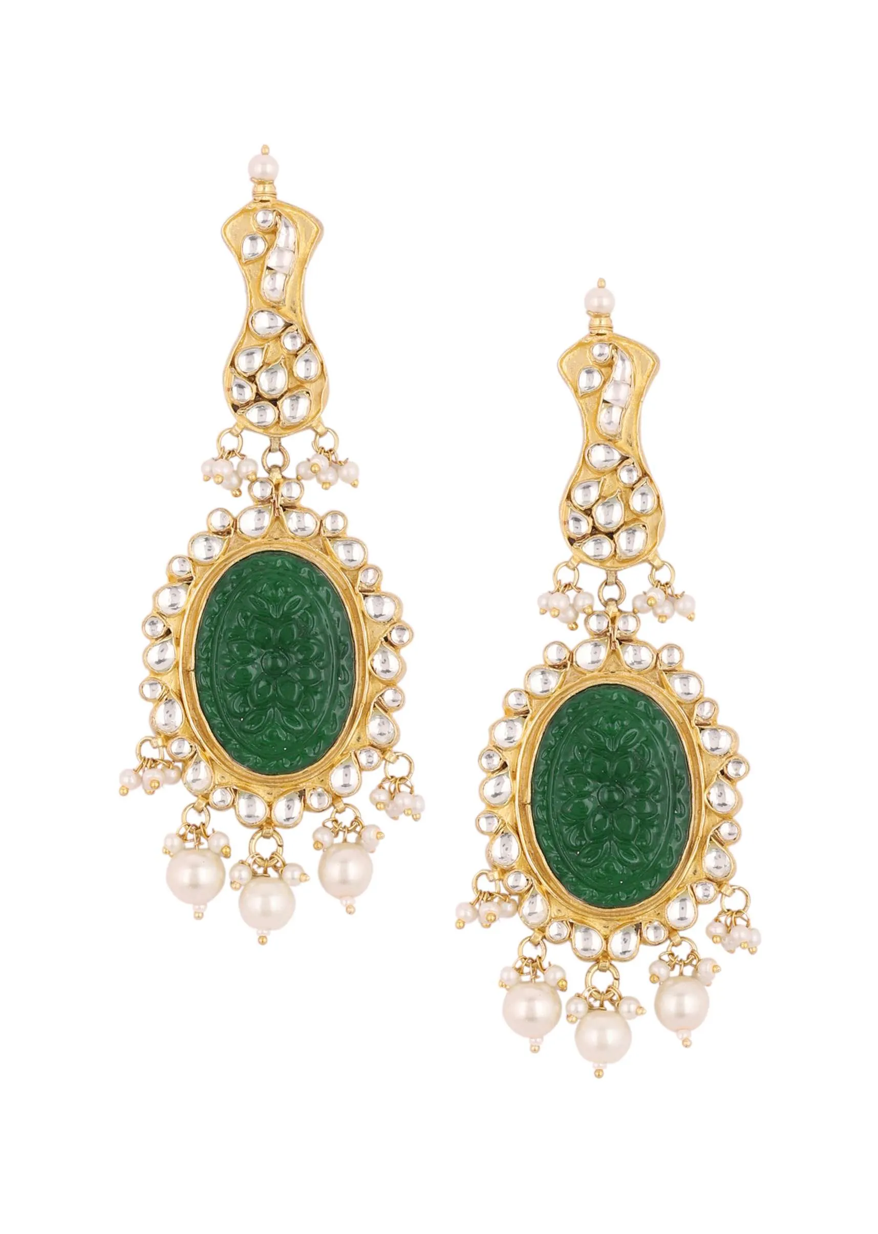 Gold Finish Carved Emerald Green Kundan Polki Bridal Choker Set