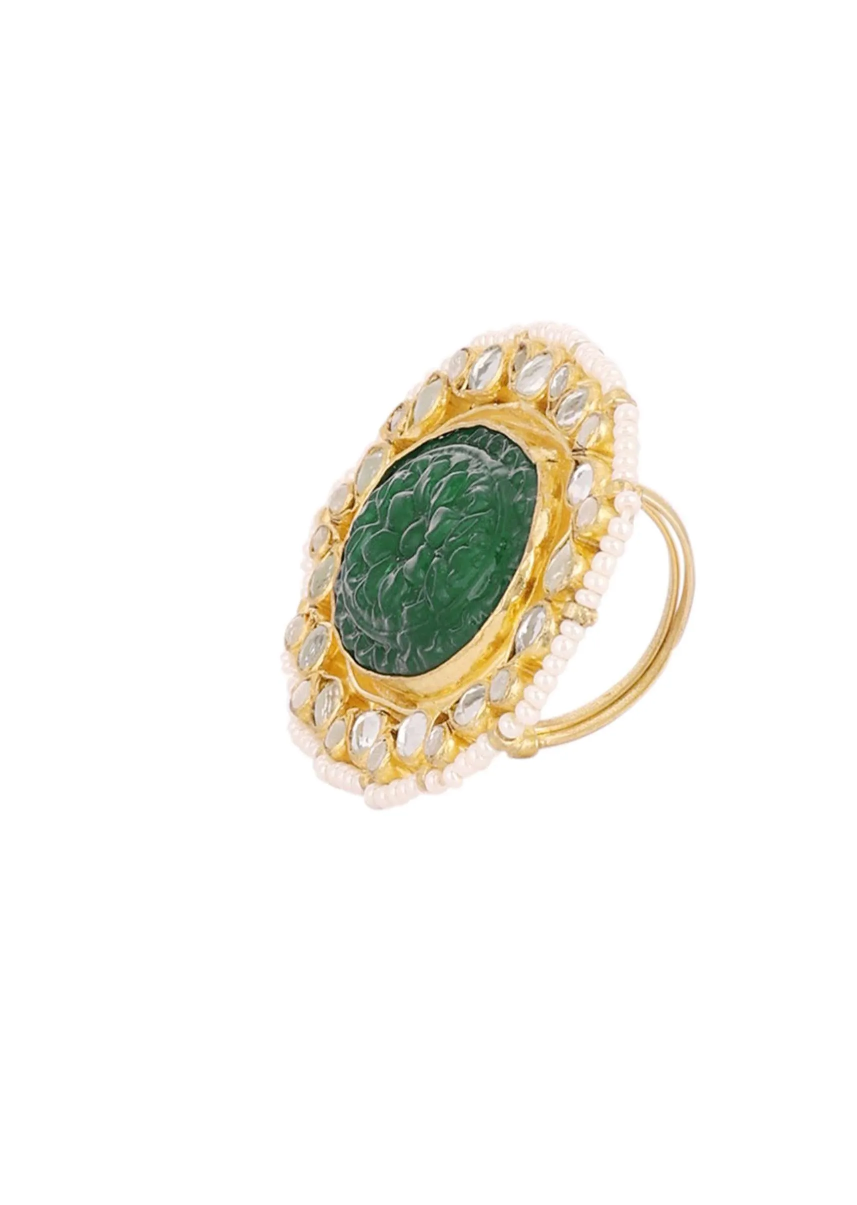 Gold Finish Carved Emerald Green Kundan Polki Bridal Choker Set