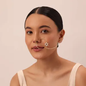Gold Finish Nose Ring With Floral Motif And Studded Kundan