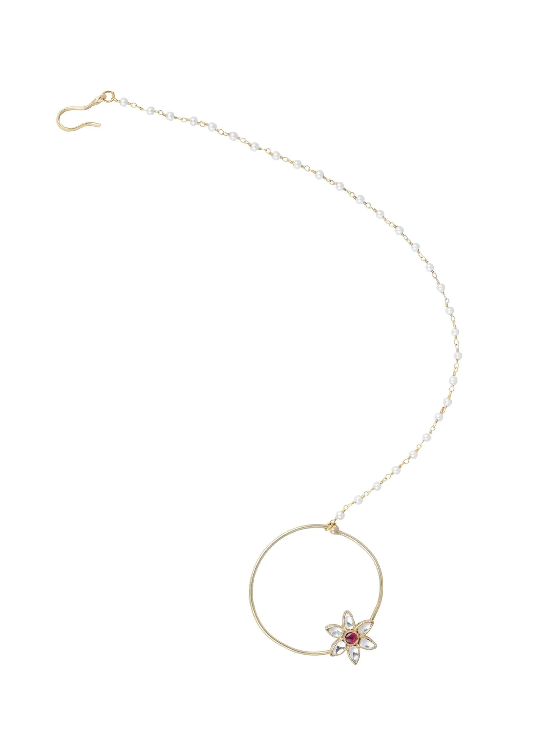 Gold Finish Nose Ring With Floral Motif And Studded Kundan