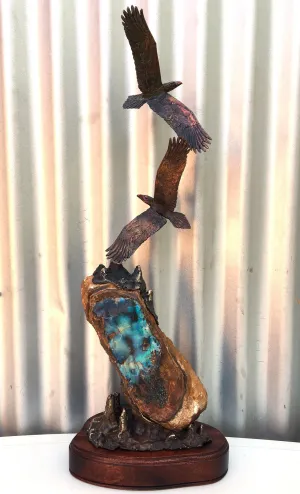 Green Boulder Opal with Bronze Eagles in Flight