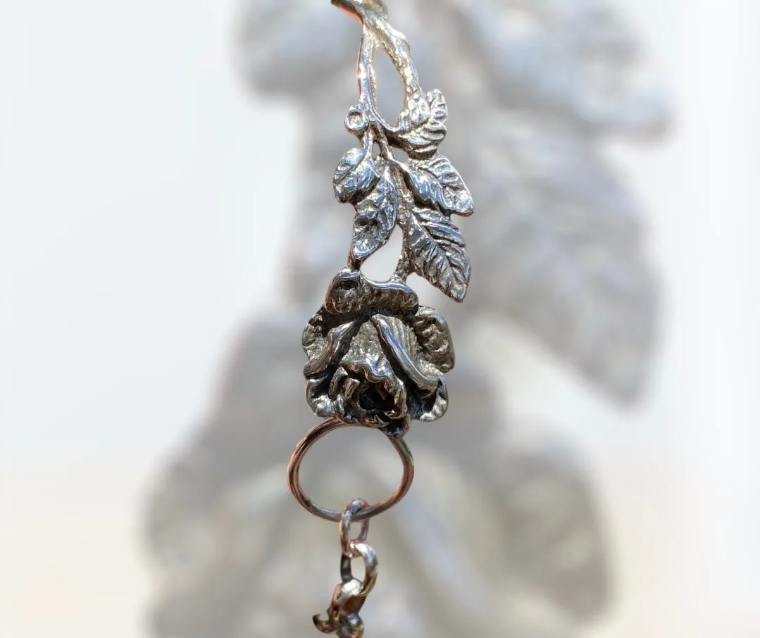 Handmade Moonstone cuff bracelet using a Vintage Silver Teaspoon with Hildesheimer Rose