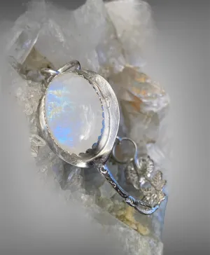 Handmade Moonstone cuff bracelet using a Vintage Silver Teaspoon with Hildesheimer Rose