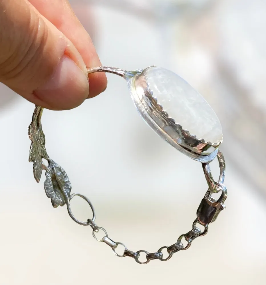 Handmade Moonstone cuff bracelet using a Vintage Silver Teaspoon with Hildesheimer Rose