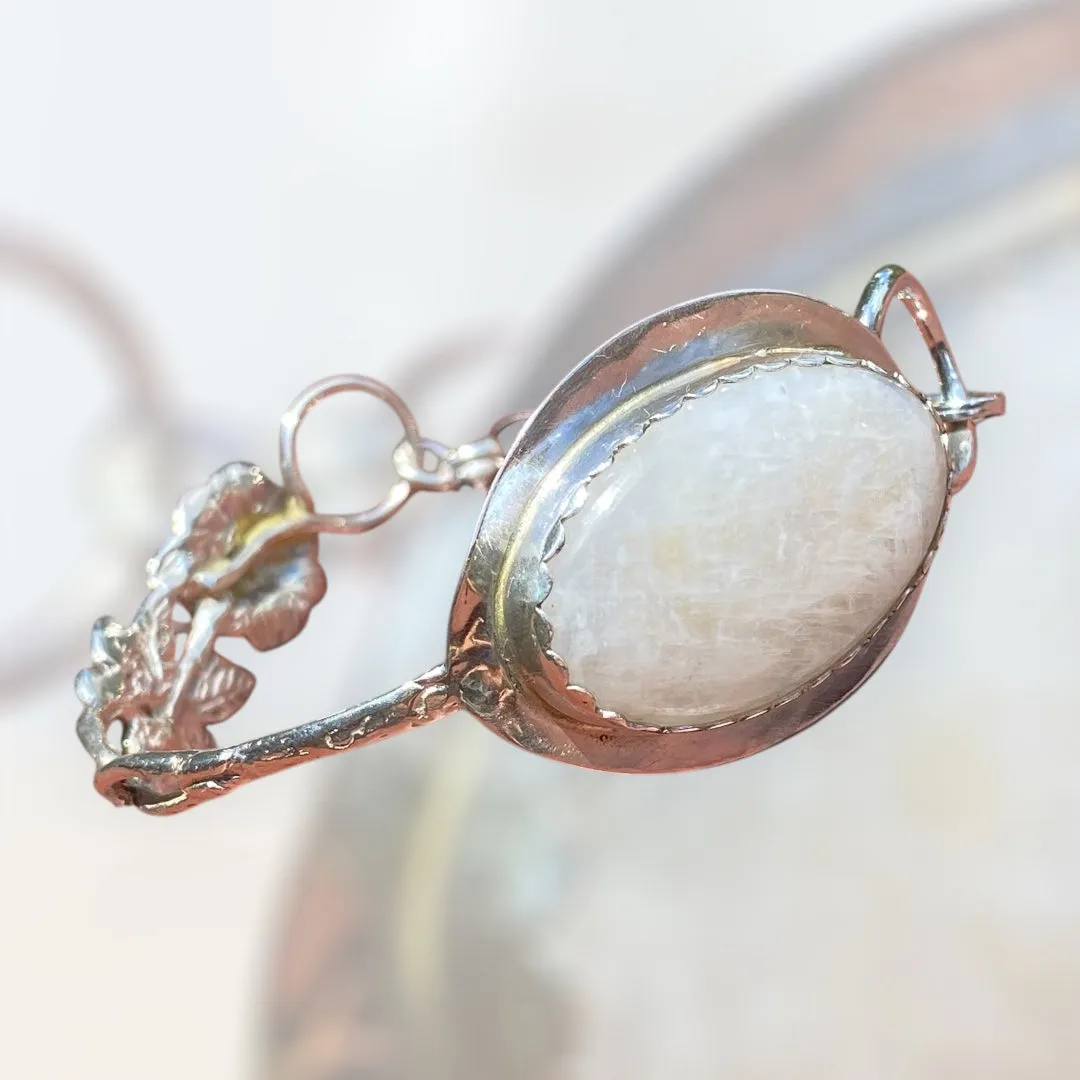 Handmade Moonstone cuff bracelet using a Vintage Silver Teaspoon with Hildesheimer Rose