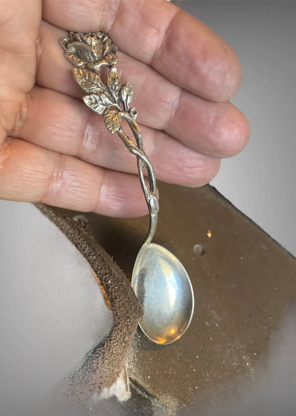 Handmade Moonstone cuff bracelet using a Vintage Silver Teaspoon with Hildesheimer Rose