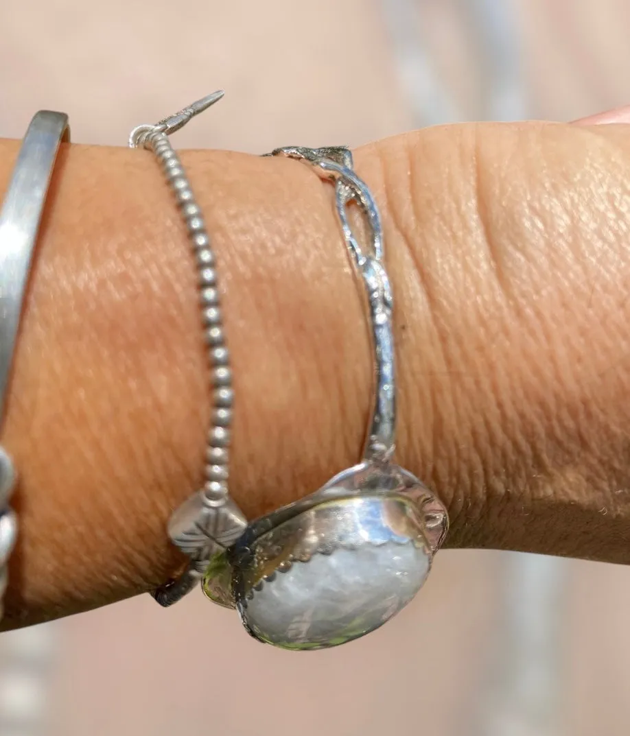 Handmade Moonstone cuff bracelet using a Vintage Silver Teaspoon with Hildesheimer Rose