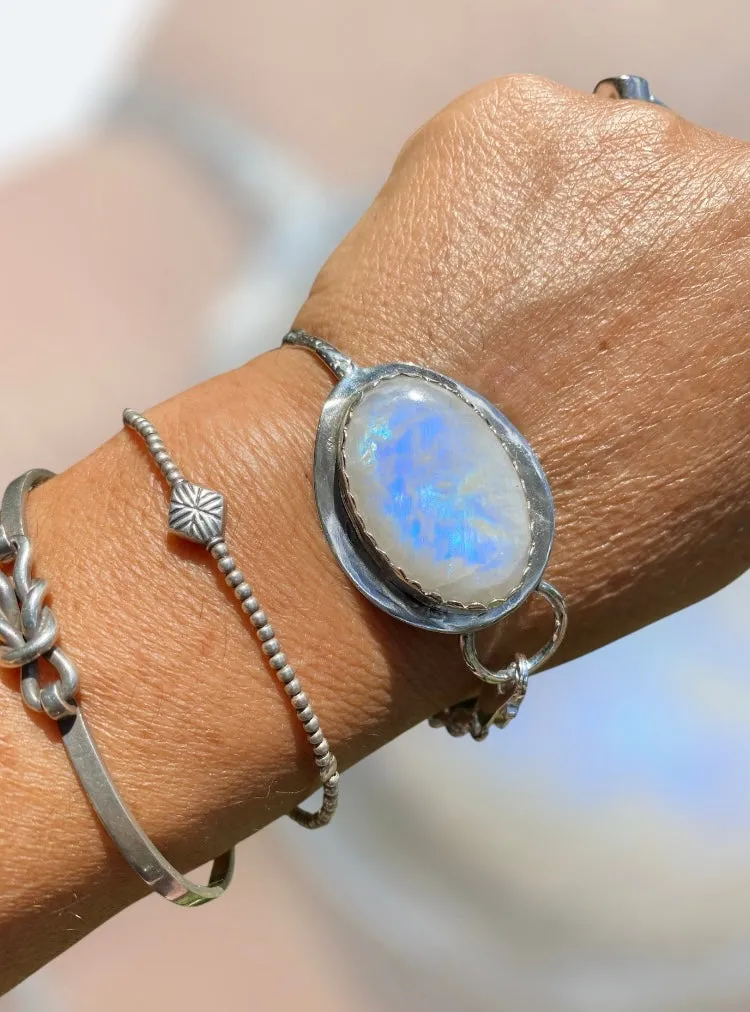 Handmade Moonstone cuff bracelet using a Vintage Silver Teaspoon with Hildesheimer Rose
