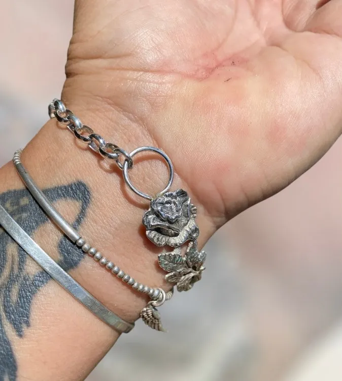 Handmade Moonstone cuff bracelet using a Vintage Silver Teaspoon with Hildesheimer Rose