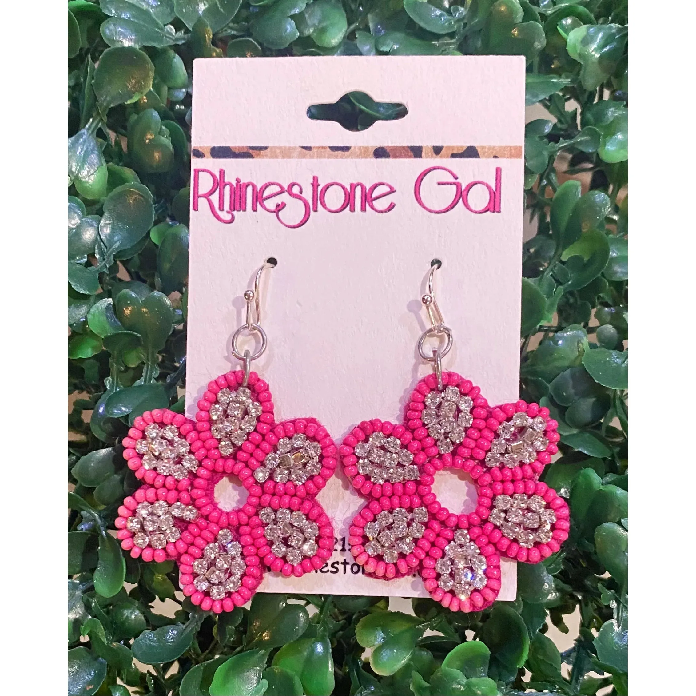 Hot Pink Glitzy Flower Beaded Earrings