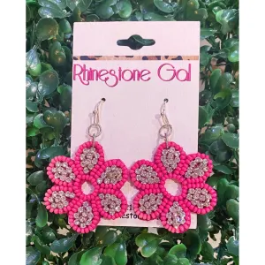 Hot Pink Glitzy Flower Beaded Earrings