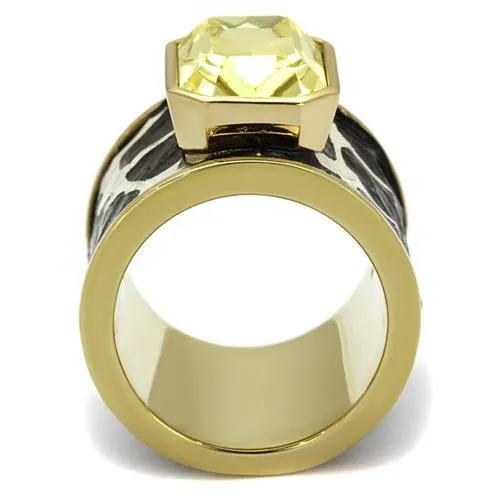 IP Gold(Ion Plating) Stainless Steel Ring with Top Grade Crystal in Citrine Yellow for Women Style TK2701