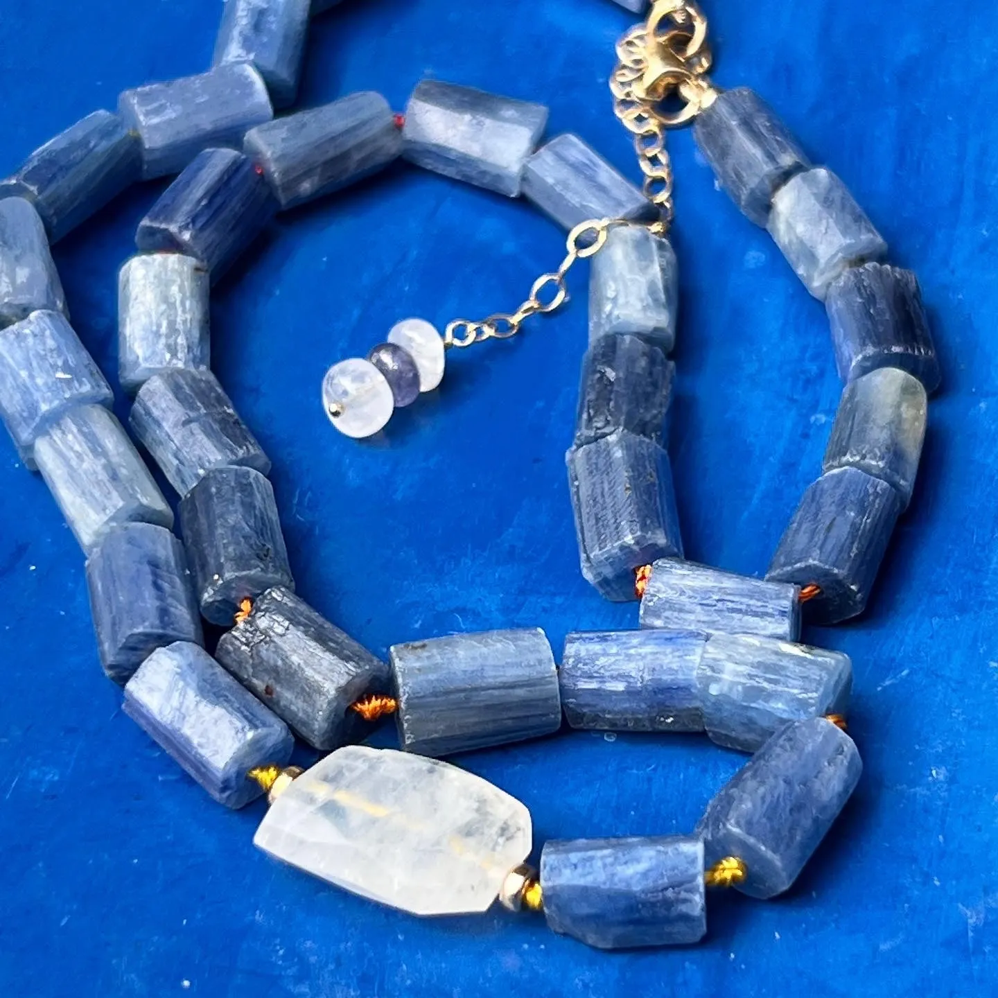 Kyanite and Rainbow Moonstone Hand-knotted Necklace