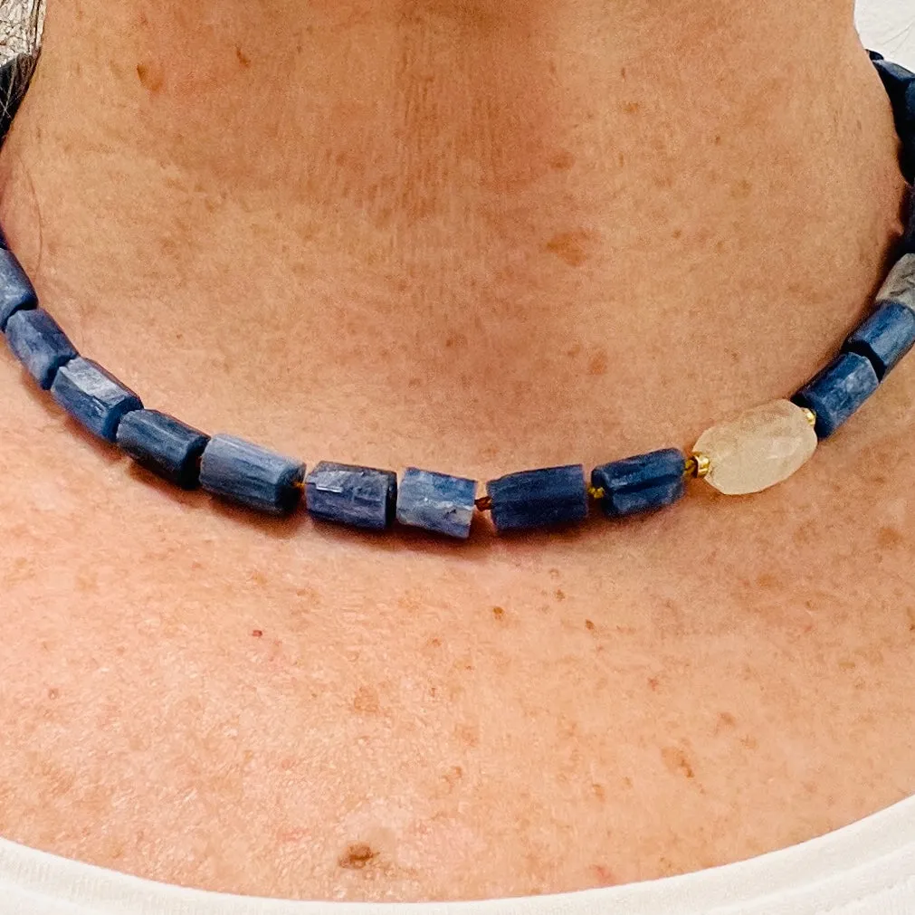 Kyanite and Rainbow Moonstone Hand-knotted Necklace