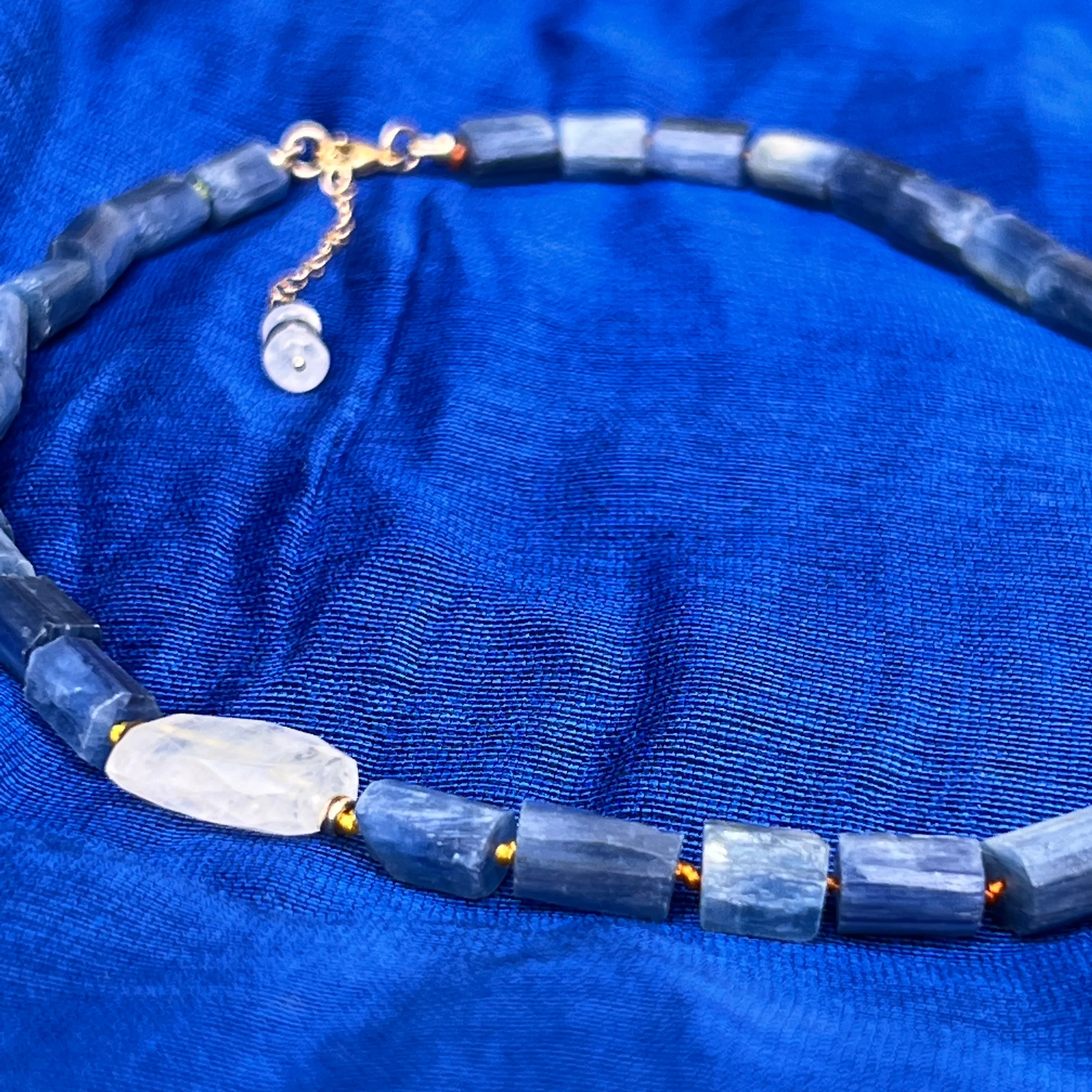 Kyanite and Rainbow Moonstone Hand-knotted Necklace
