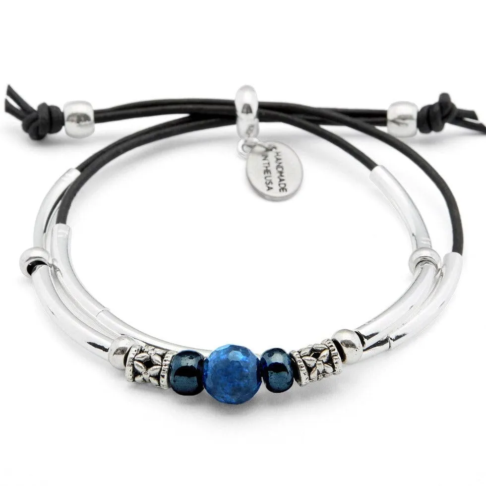 Lapis Bracelet with Silver Crescents & Black Leather - Blue Ocean