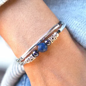 Lapis Bracelet with Silver Crescents & Black Leather - Blue Ocean