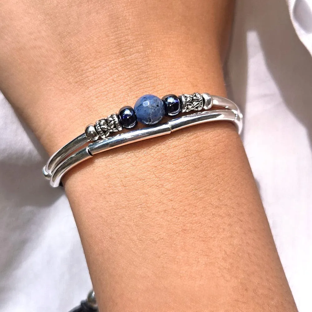 Lapis Bracelet with Silver Crescents & Black Leather - Blue Ocean