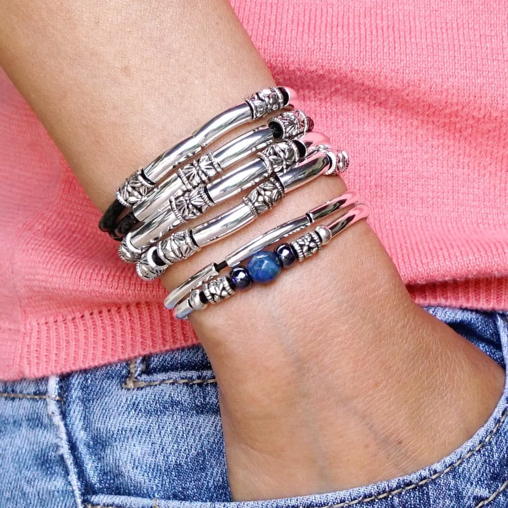 Lapis Bracelet with Silver Crescents & Black Leather - Blue Ocean