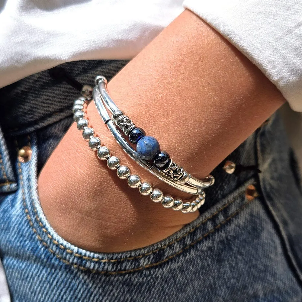 Lapis Bracelet with Silver Crescents & Black Leather - Blue Ocean