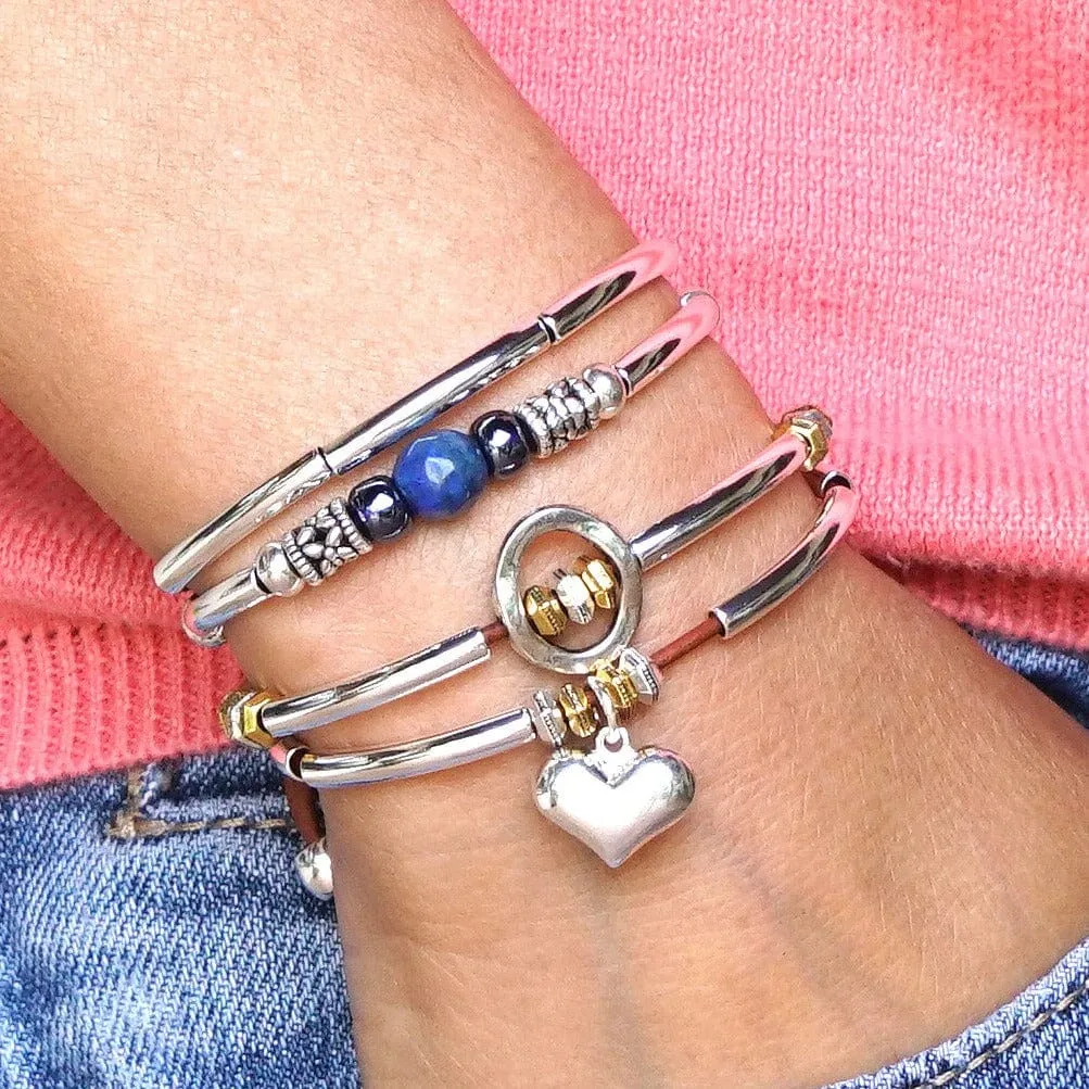 Lapis Bracelet with Silver Crescents & Black Leather - Blue Ocean