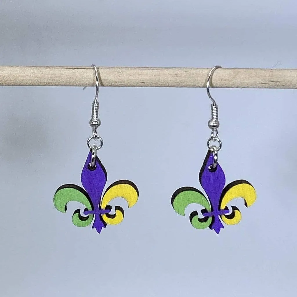 Mardi Gras Fleur-de-lis Wooden Dangle Earrings by Cate's Concepts, LLC
