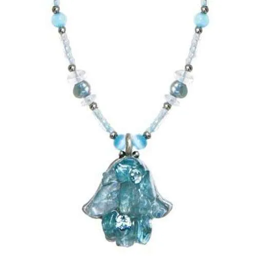 Michal Golan Aquamarine Hamsa Necklace on Beaded Chain