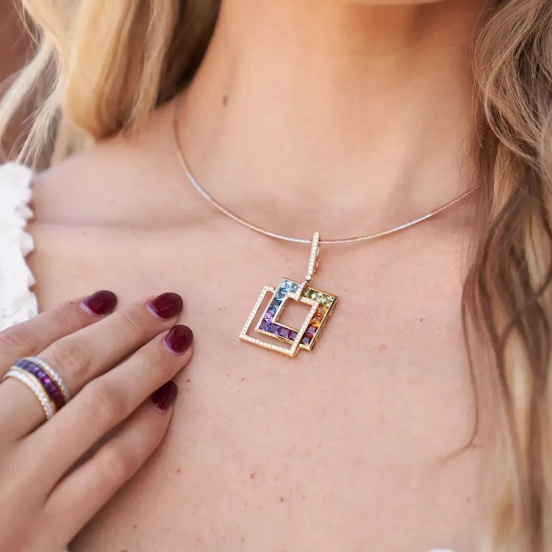 Mixed Gemstone & Diamond Double Square Pendant