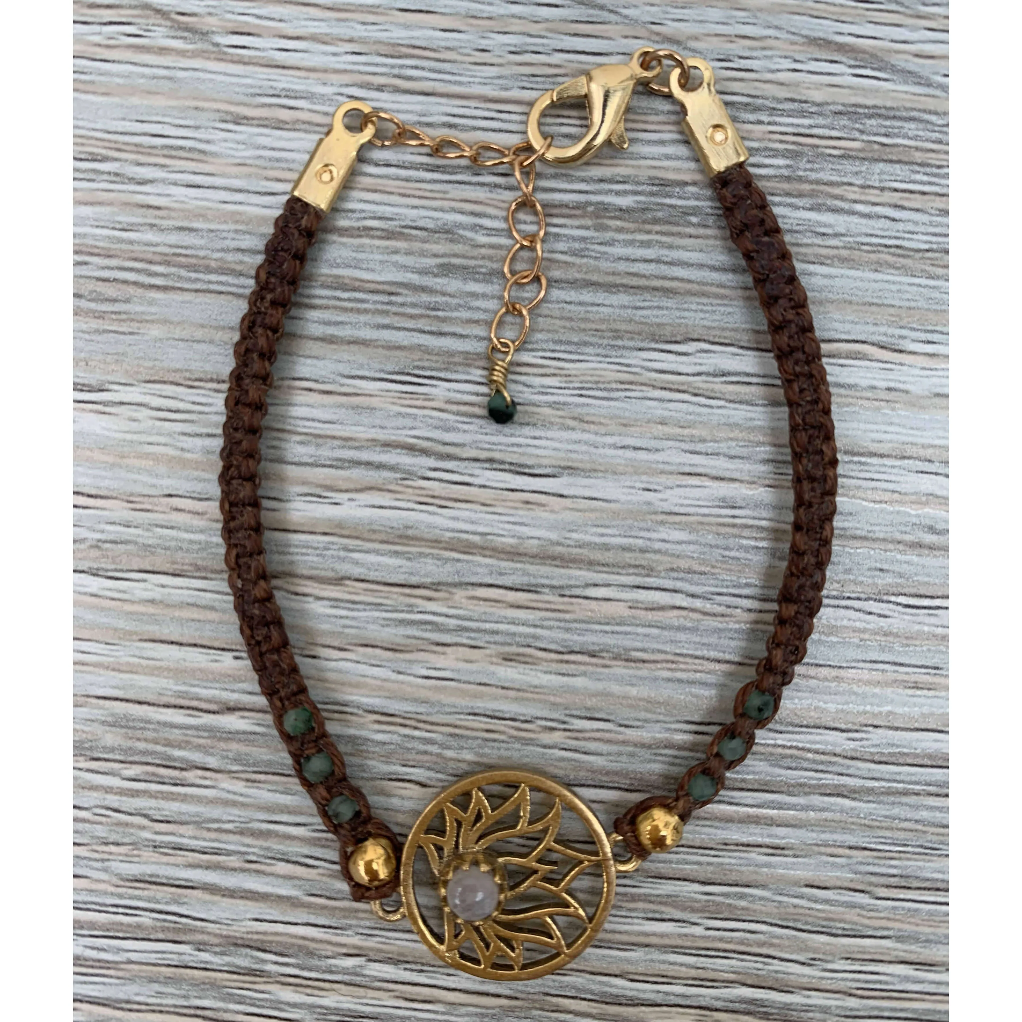 Moonstone Lotus Macramé Bracelet with Emeralds