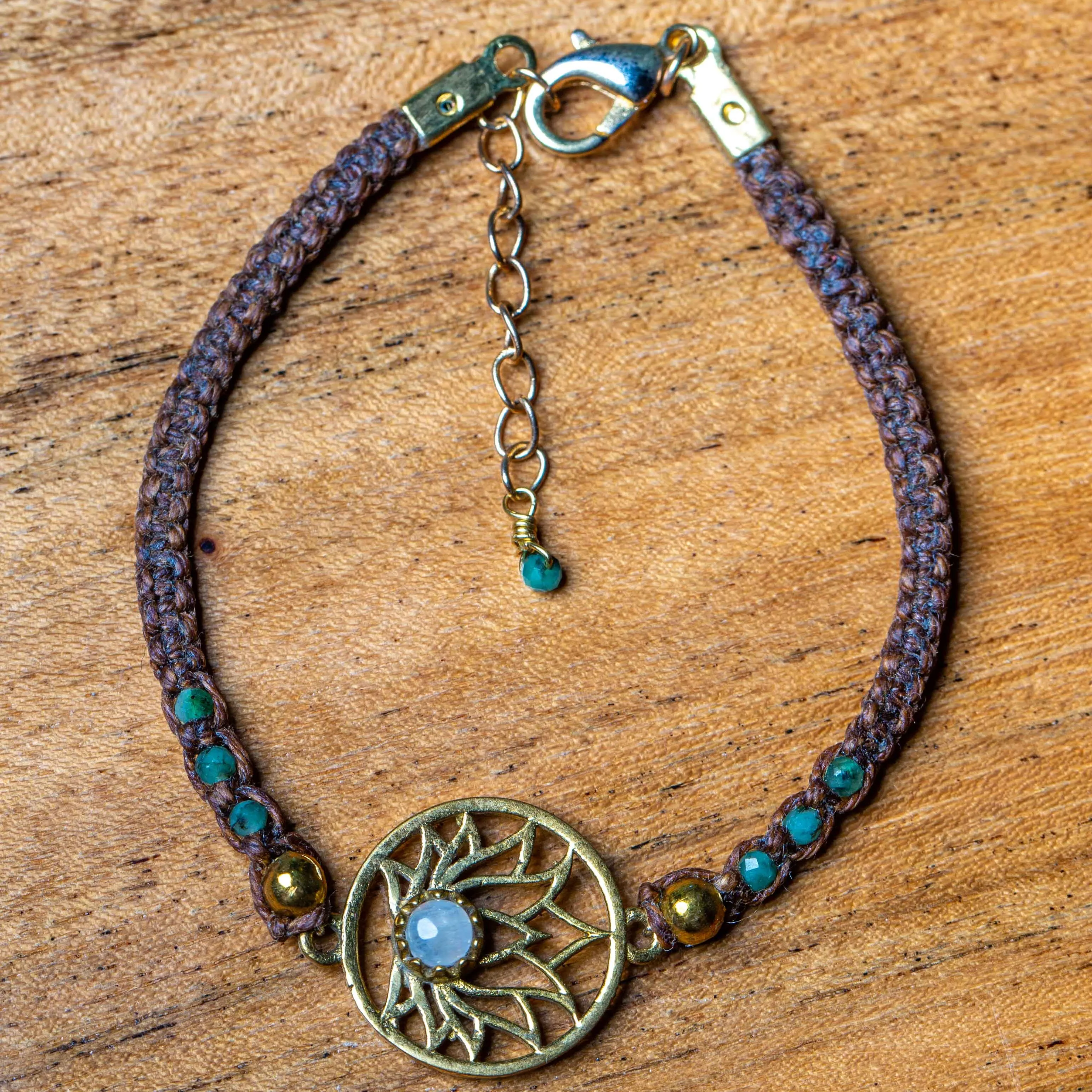 Moonstone Lotus Macramé Bracelet with Emeralds
