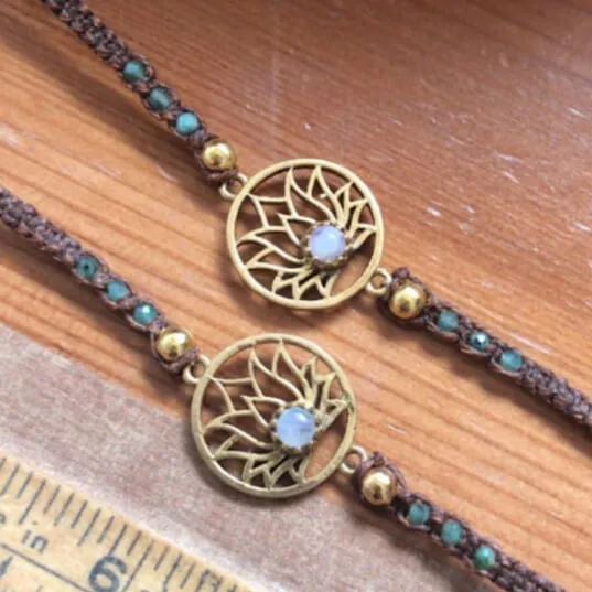 Moonstone Lotus Macramé Bracelet with Emeralds