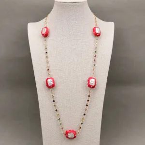 Natural White Keshi Pearl CZ Long Necklace