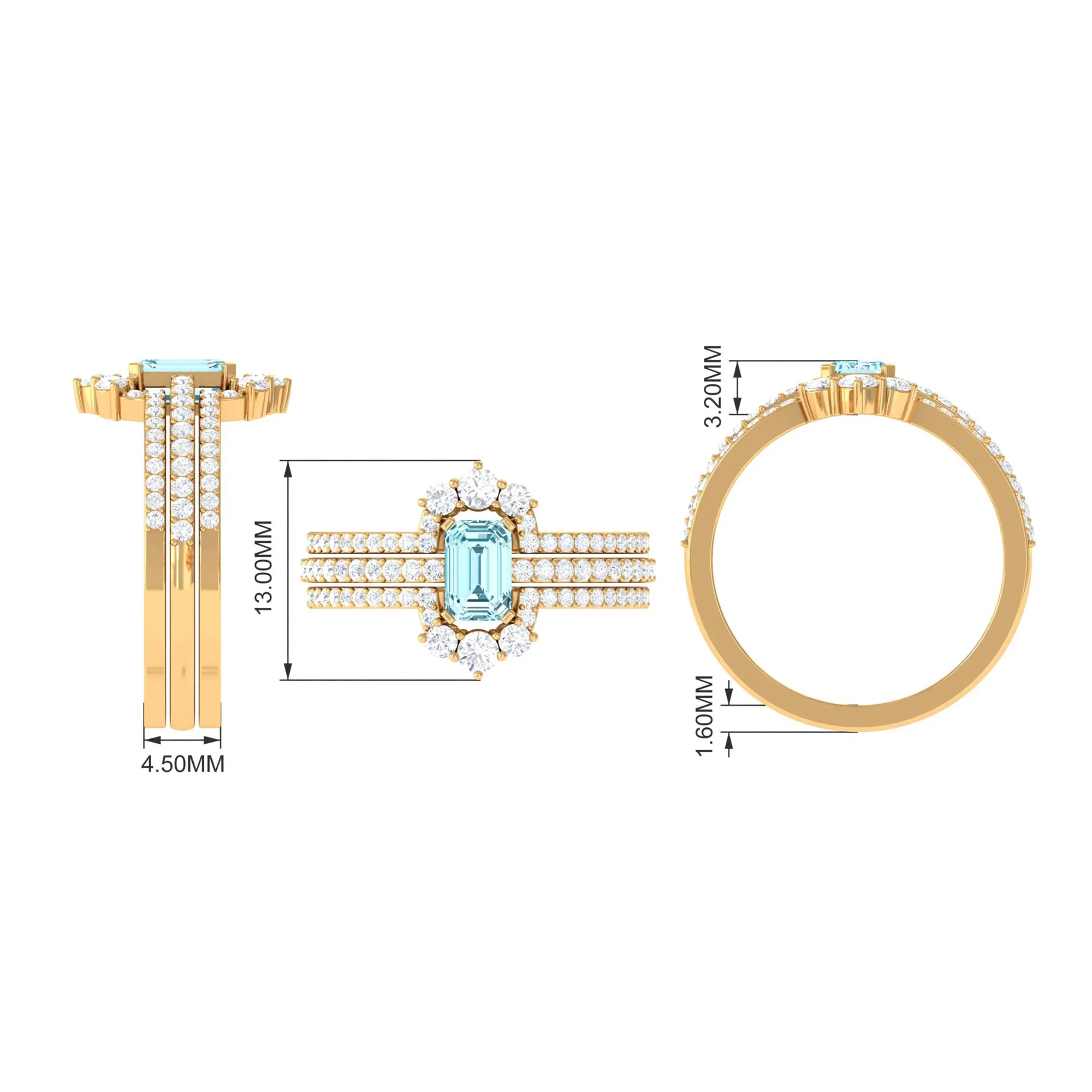 Octagon Cut Aquamarine Solitaire Trio Ring Set with Diamond