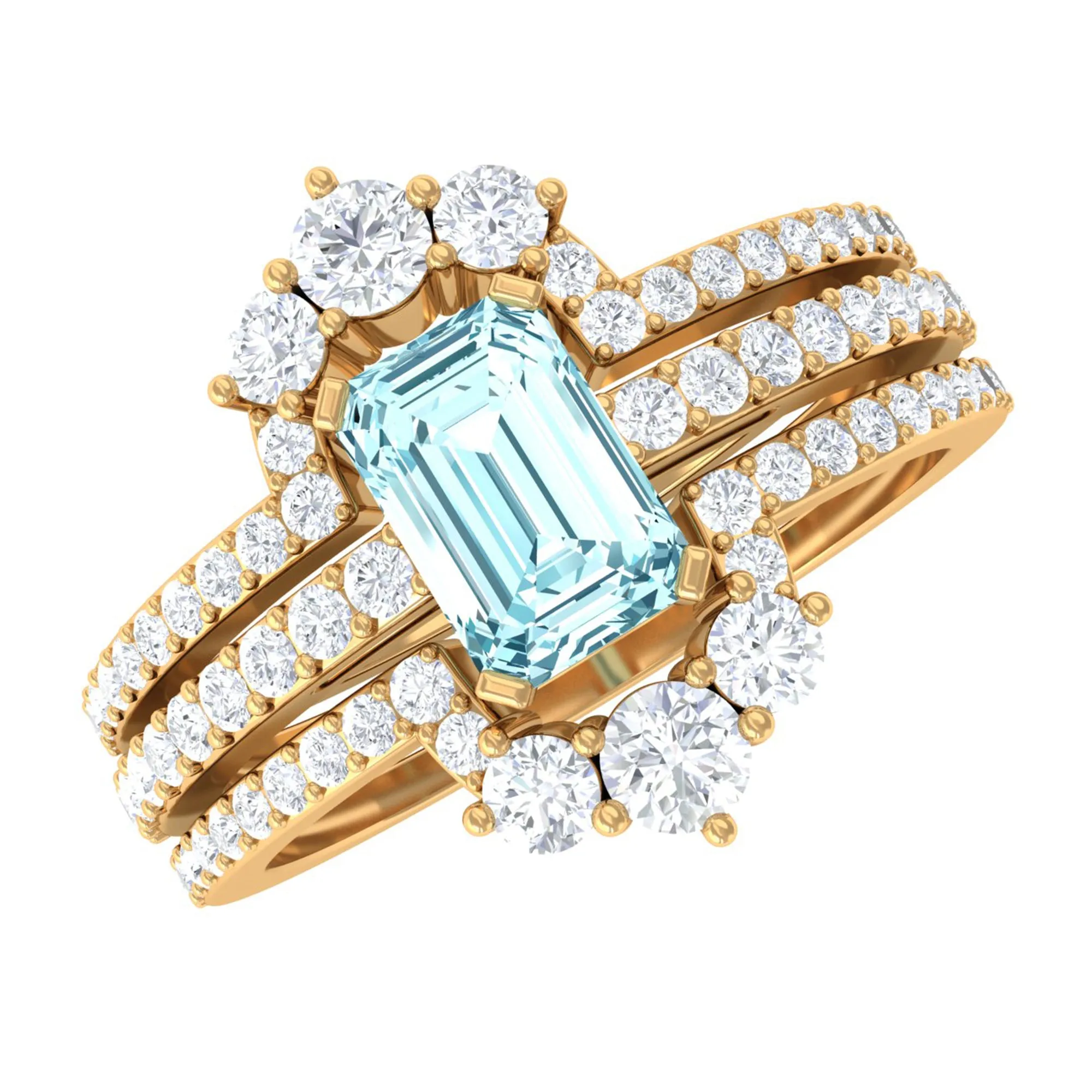 Octagon Cut Aquamarine Solitaire Trio Ring Set with Diamond