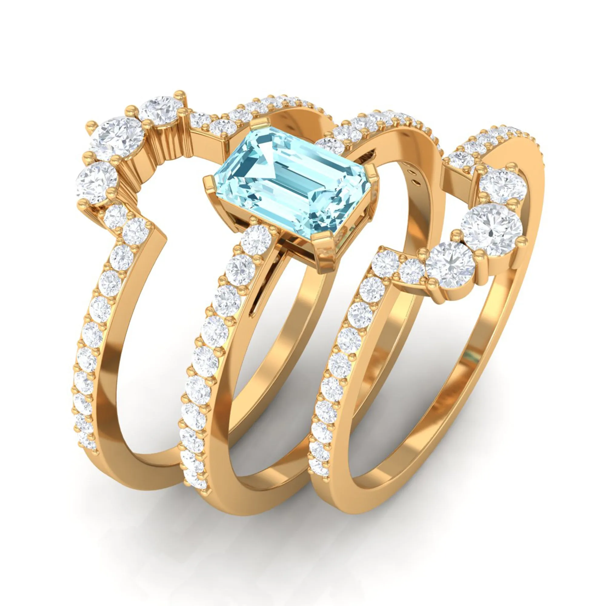 Octagon Cut Aquamarine Solitaire Trio Ring Set with Diamond