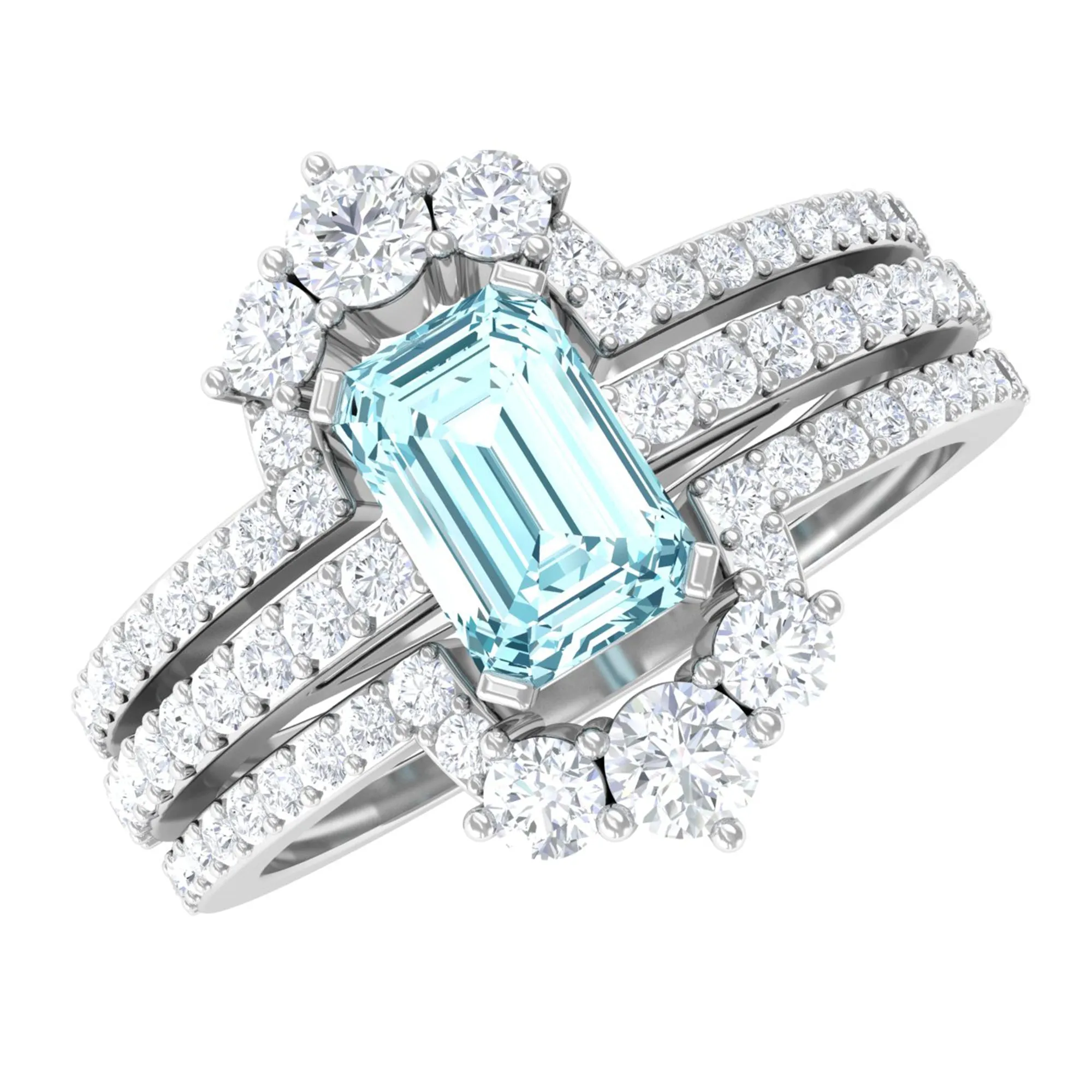 Octagon Cut Aquamarine Solitaire Trio Ring Set with Diamond