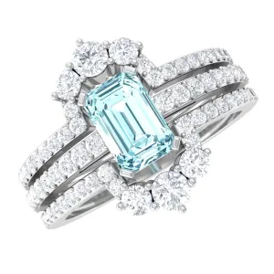 Octagon Cut Aquamarine Solitaire Trio Ring Set with Diamond
