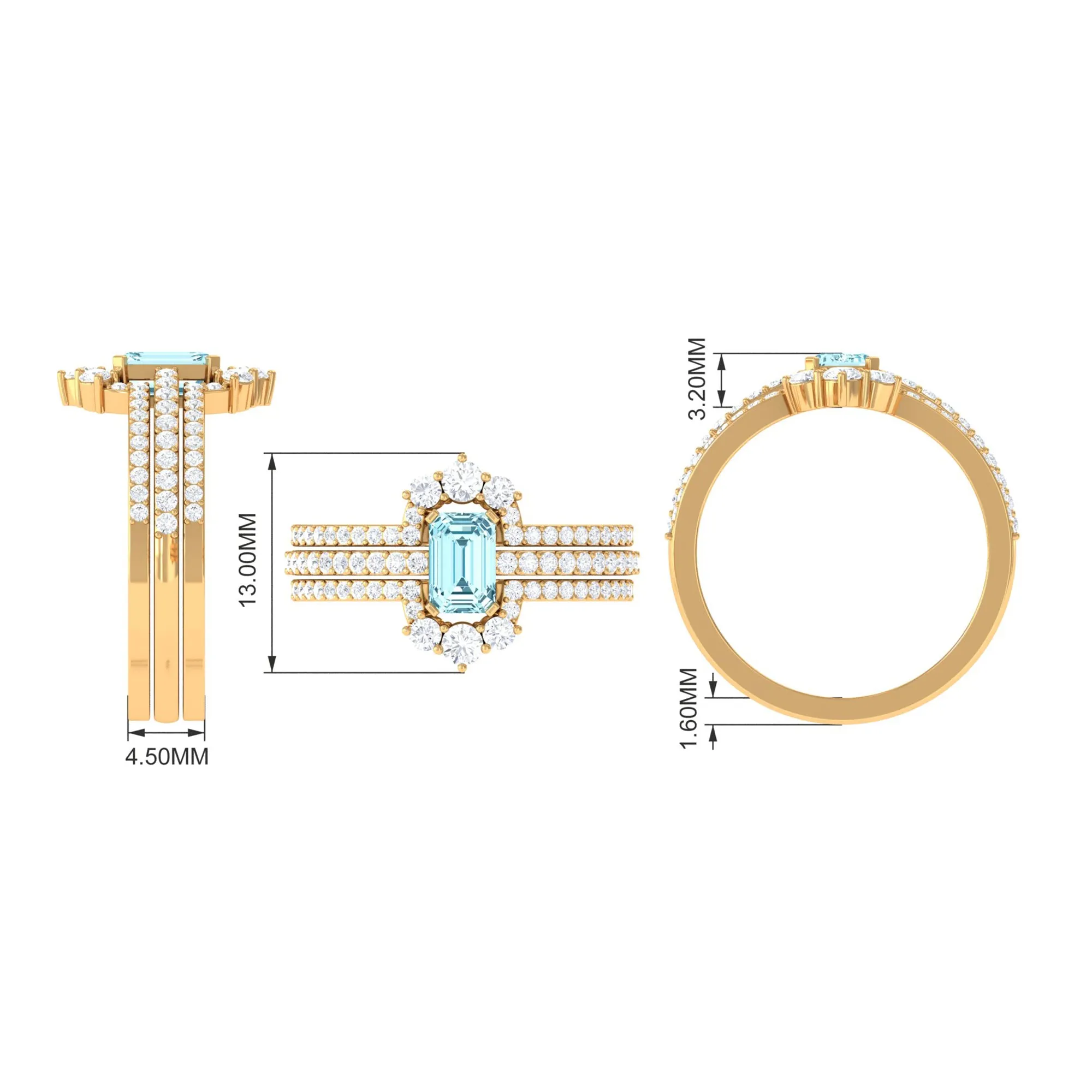 Octagon Cut Aquamarine Solitaire Trio Ring Set with Diamond