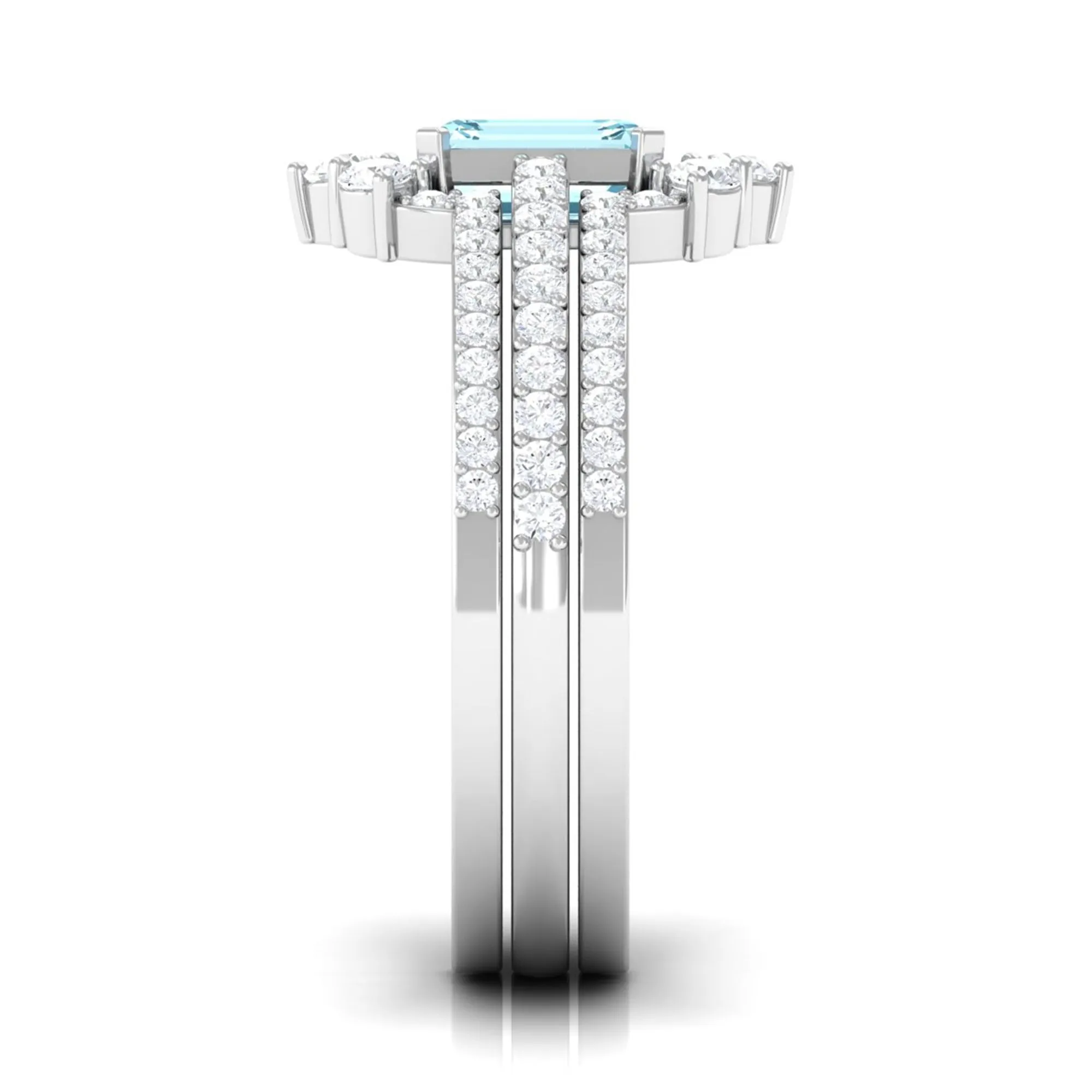 Octagon Cut Aquamarine Solitaire Trio Ring Set with Diamond