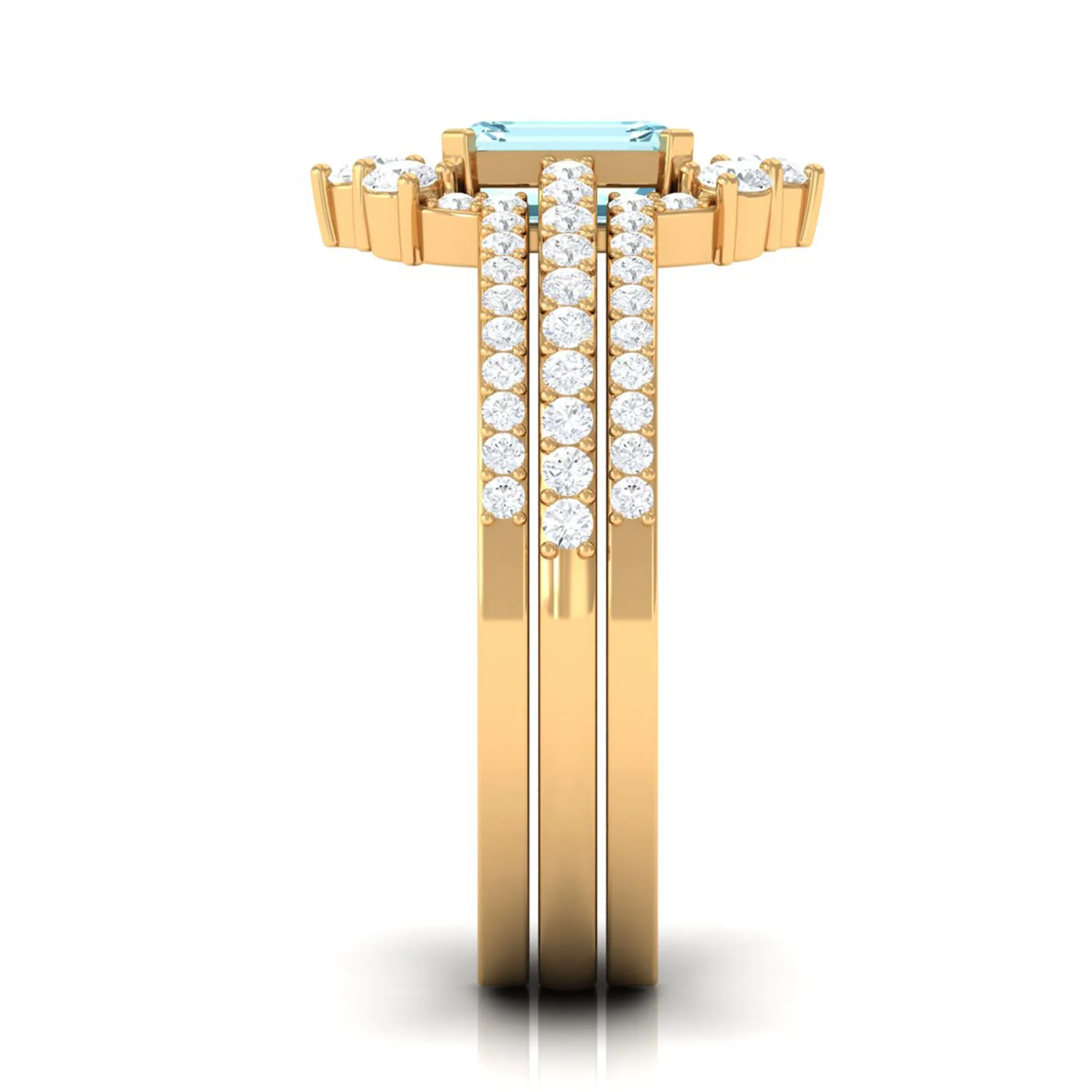 Octagon Cut Aquamarine Solitaire Trio Ring Set with Diamond