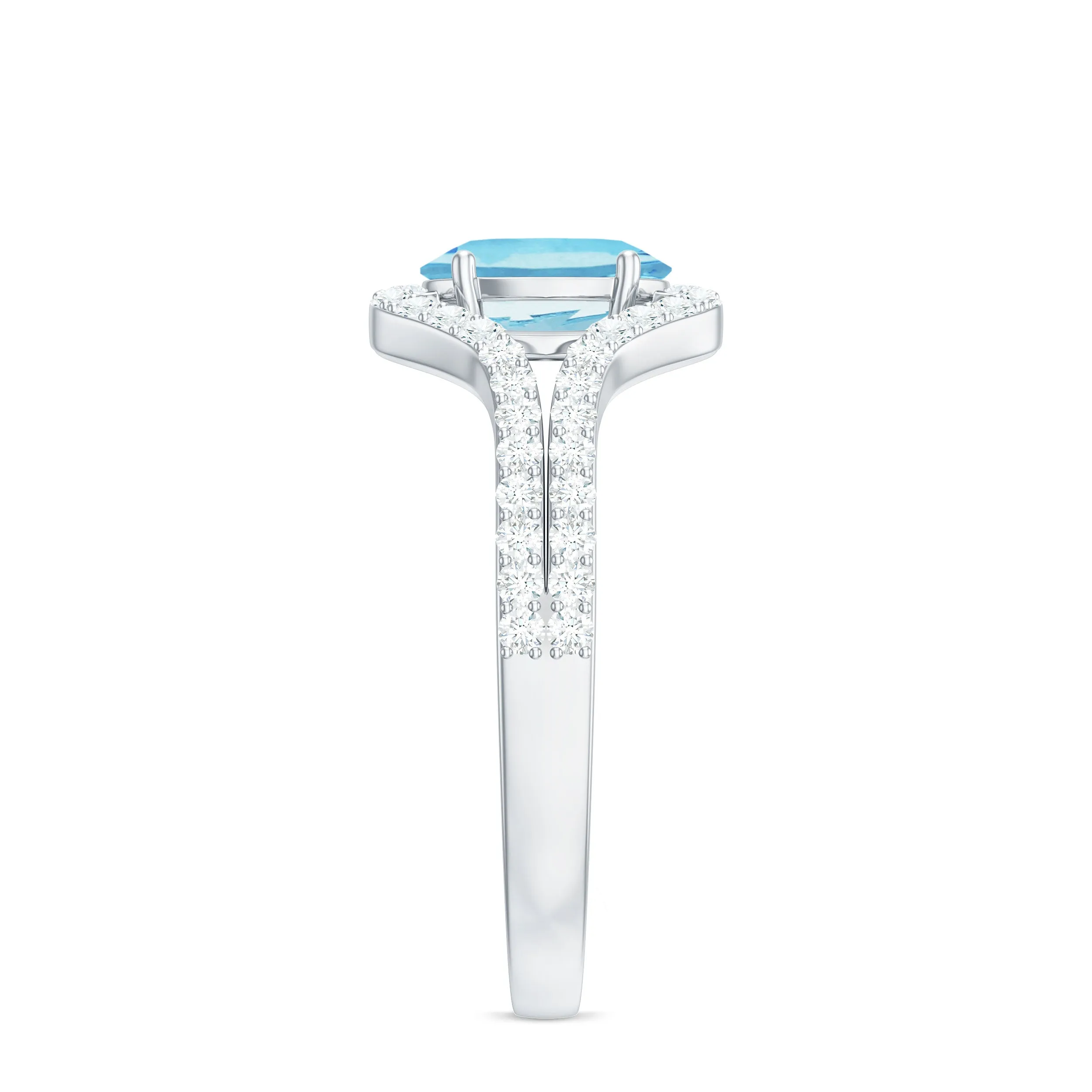 Oval Aquamarine Split Shank Engagement Ring with Diamond