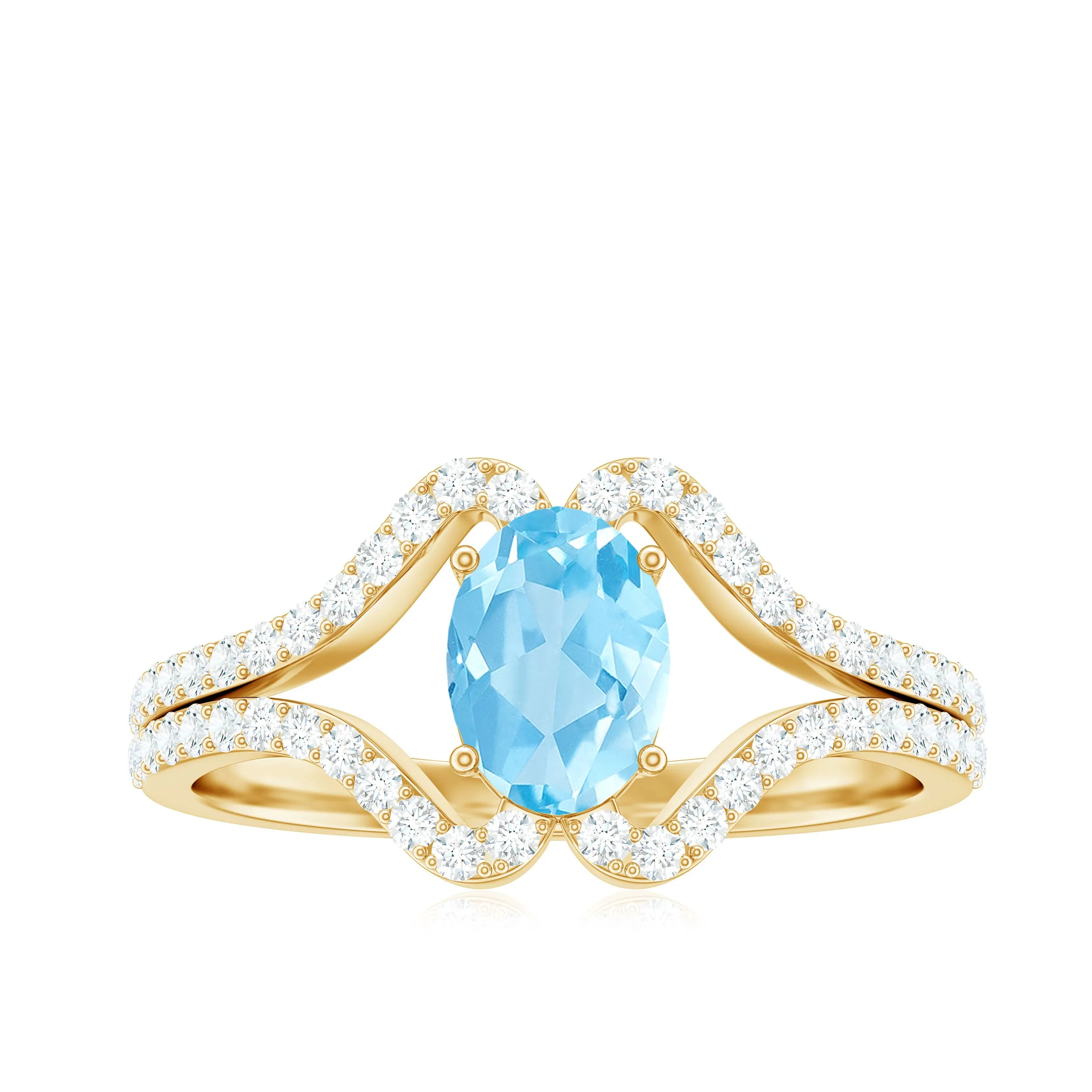 Oval Aquamarine Split Shank Engagement Ring with Diamond