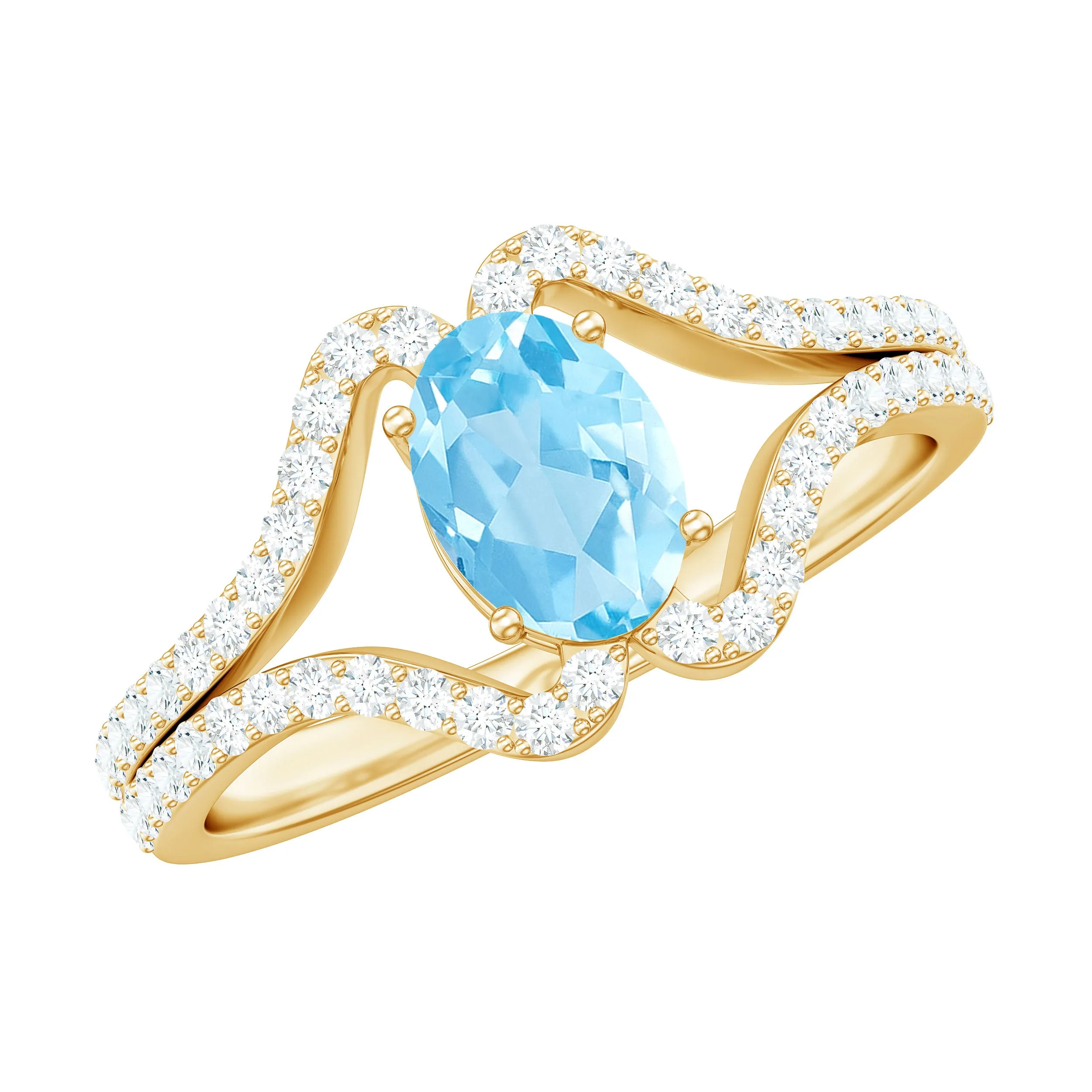 Oval Aquamarine Split Shank Engagement Ring with Diamond